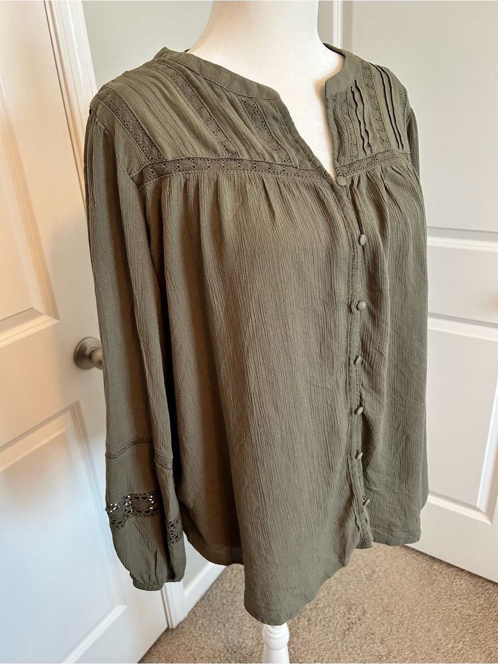 Maurices Olive Green Button-Front Peasant Blouse - Picture 2 of 10